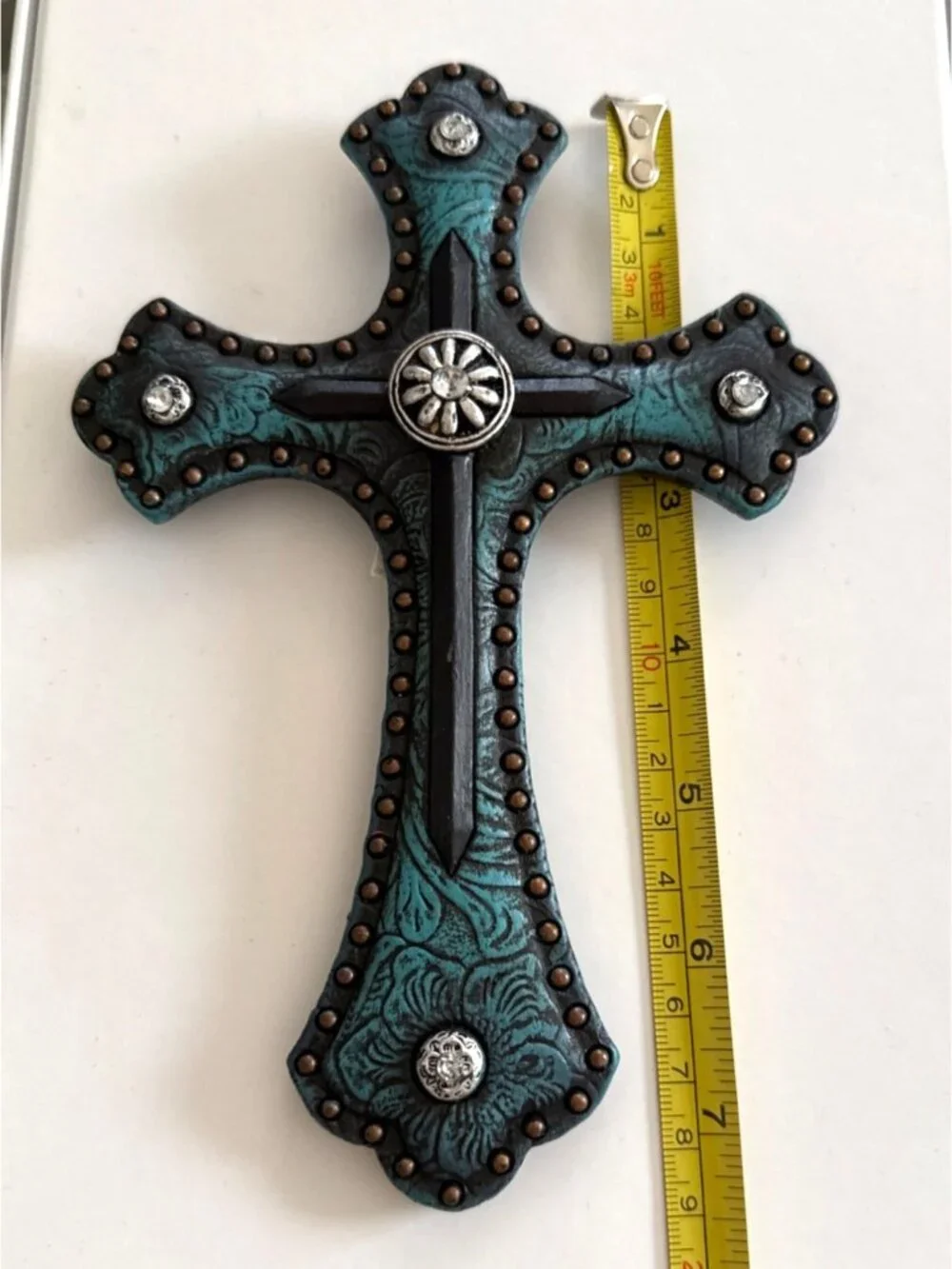 Decorative Wall Cross With Embellished Rhinestones & Turquoise Floral Pattern 7.